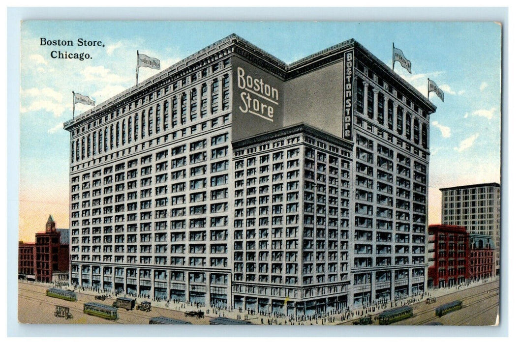 c1910's Boston Store Building Street View Trolley Chicago Illinois IL Postcard