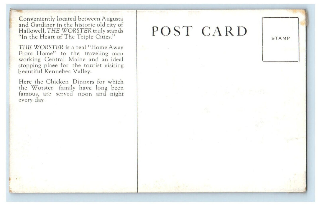 The Worster Hotel Inn And Restaurant Hallowell Maine ME Unposted Postcard