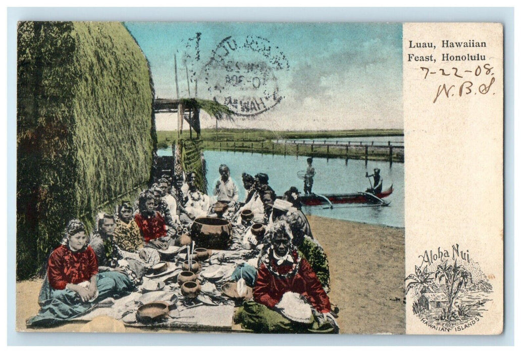 1908 Luau Hawaiian Feast Fishing Boat Honolulu Hawaii HI Posted Antique Postcard