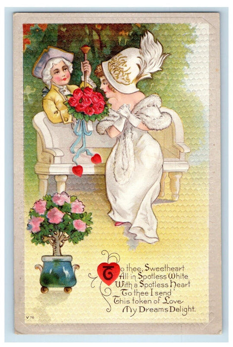 1917 Valentine Greetings Royalty Couple Red Roses Embossed Hayward CA Postcard