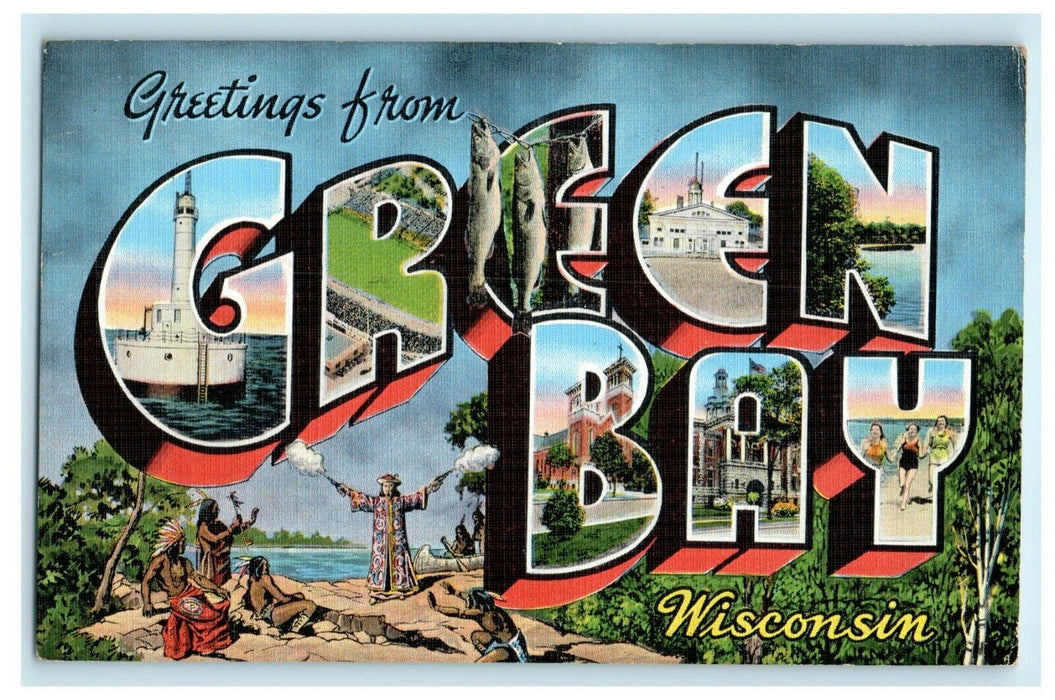 1948 Greetings From Green Bay Wisconsin WI Indians Vintage Postcard