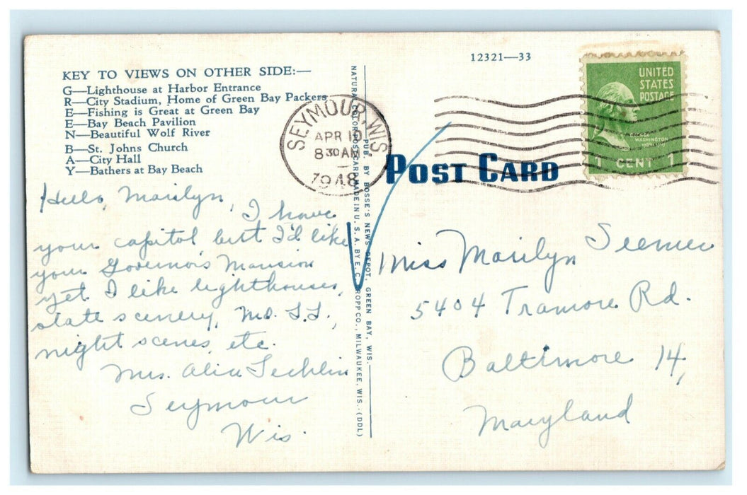 1948 Greetings From Green Bay Wisconsin WI Indians Vintage Postcard