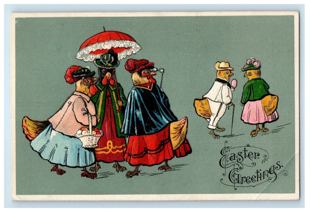 Easter Greetings Anthropomorphic Rooster Chicken Umbrella Rochester NY Postcard