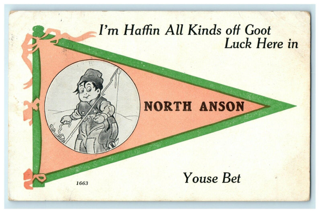 1914 Dutch Kids North Anson Maine ME Pennant Greetings Antique Postcard
