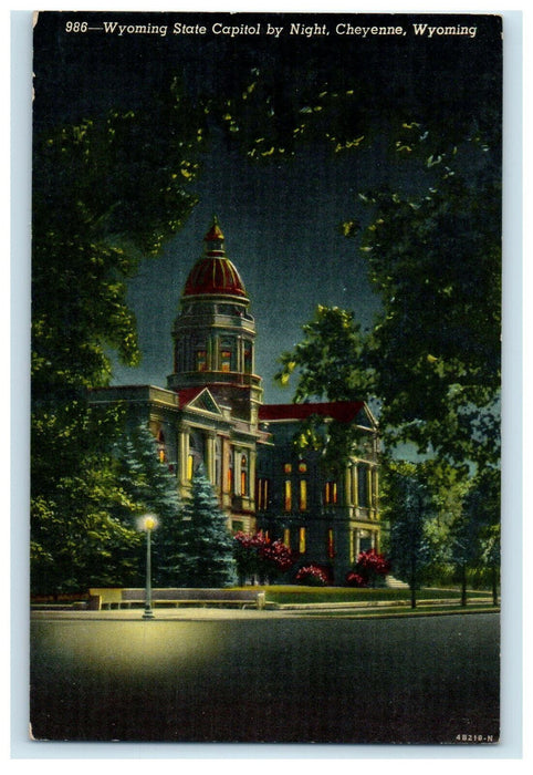c1940s Wyoming State Capitol By Night Cheyenne Wyoming WY Unposted Postcard