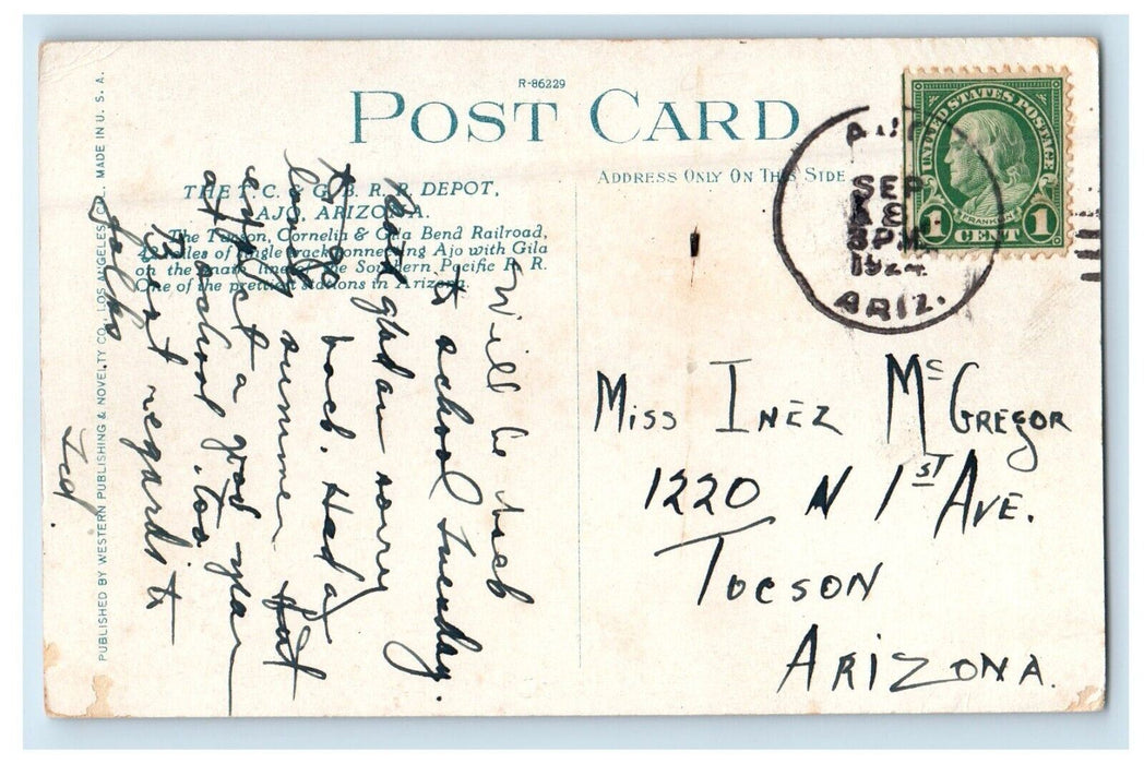 1924 The T.C & G. B. R.R. Railroad Depot AJO Arizona AZ Posted Vintage Postcard