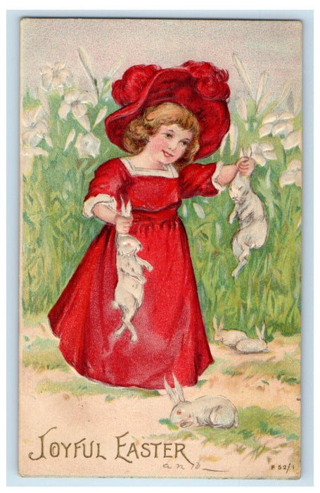 1907 Joyful Easter Little Girl Dress Red Hat Catched Rabbits Embossed Postcard