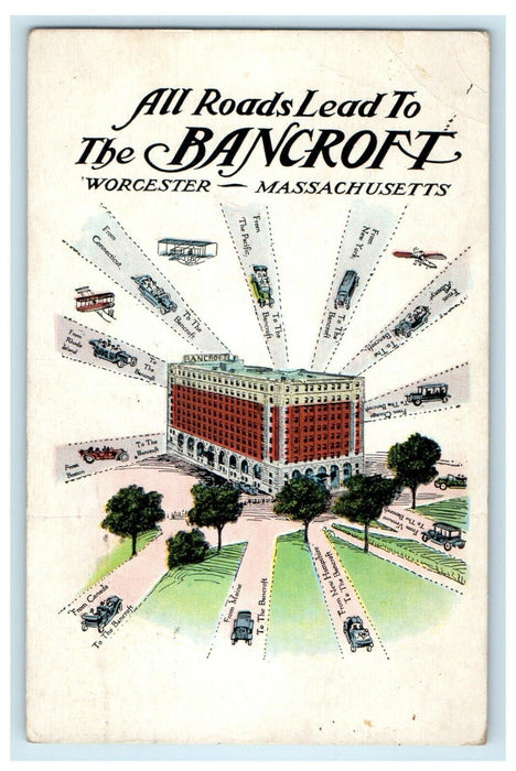 1915 All Roads Lead To Bancroft Worcester Massachusetts MA Antique Postcard