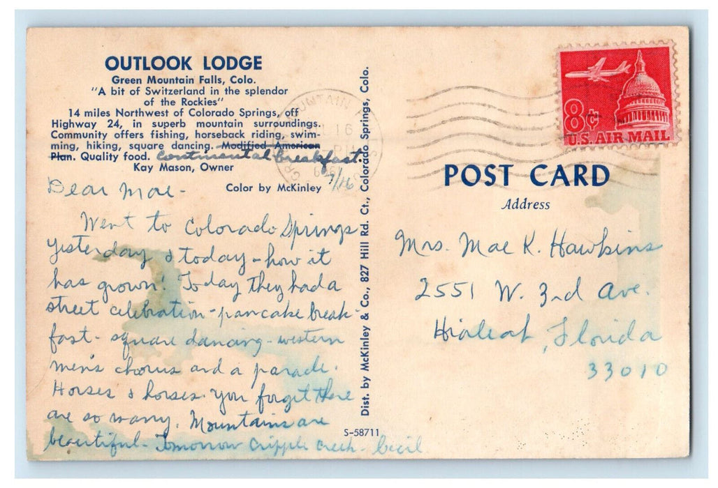 1916 Outlook Lodge, Green Mountain Falls, Colorado CO Posted Postcard