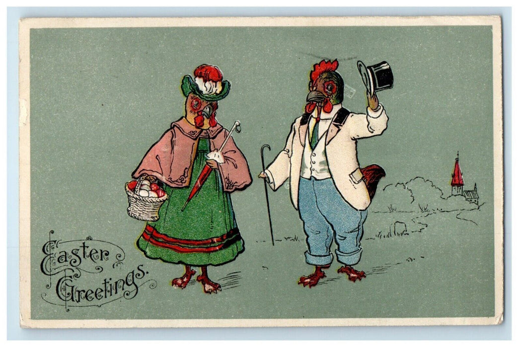 1909 Easter Greetings Anthropomorphic Rooster Chicken Rochester NY Postcard