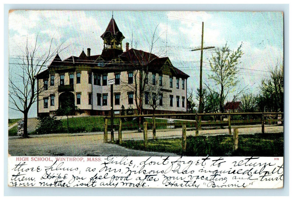 c1910 High School Building Street Scene Winthrop Massachusetts MA Postcard