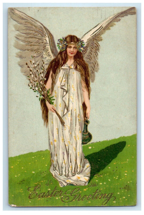 1908 Easter Greetings Beautiful Angel Flowers Embossed Germany Posted Postcard
