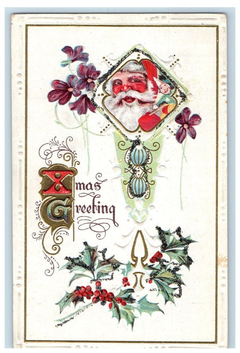 c1910's Christmas Greeting Berries Santa Claus Flowers Embossed Antique Postcard
