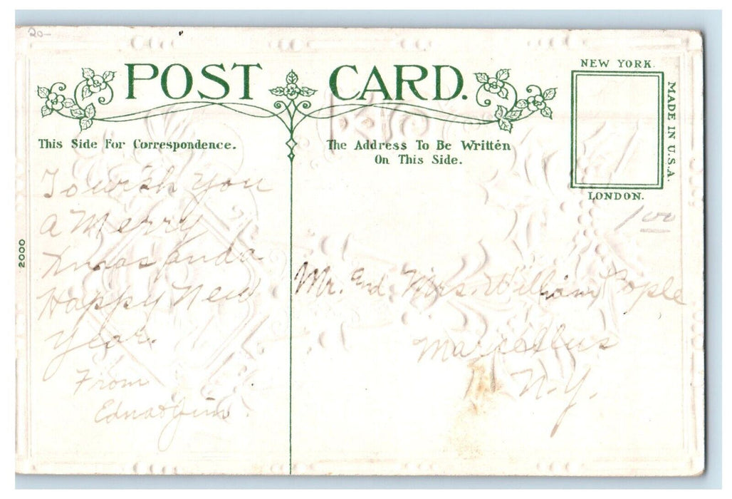 c1910's Christmas Greeting Berries Santa Claus Flowers Embossed Antique Postcard