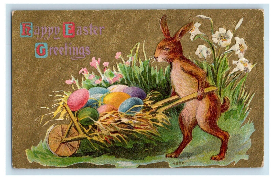 Easter Greetings Anthropomorphic Rabbit Pushing Cart Eggs Embossed Postcard