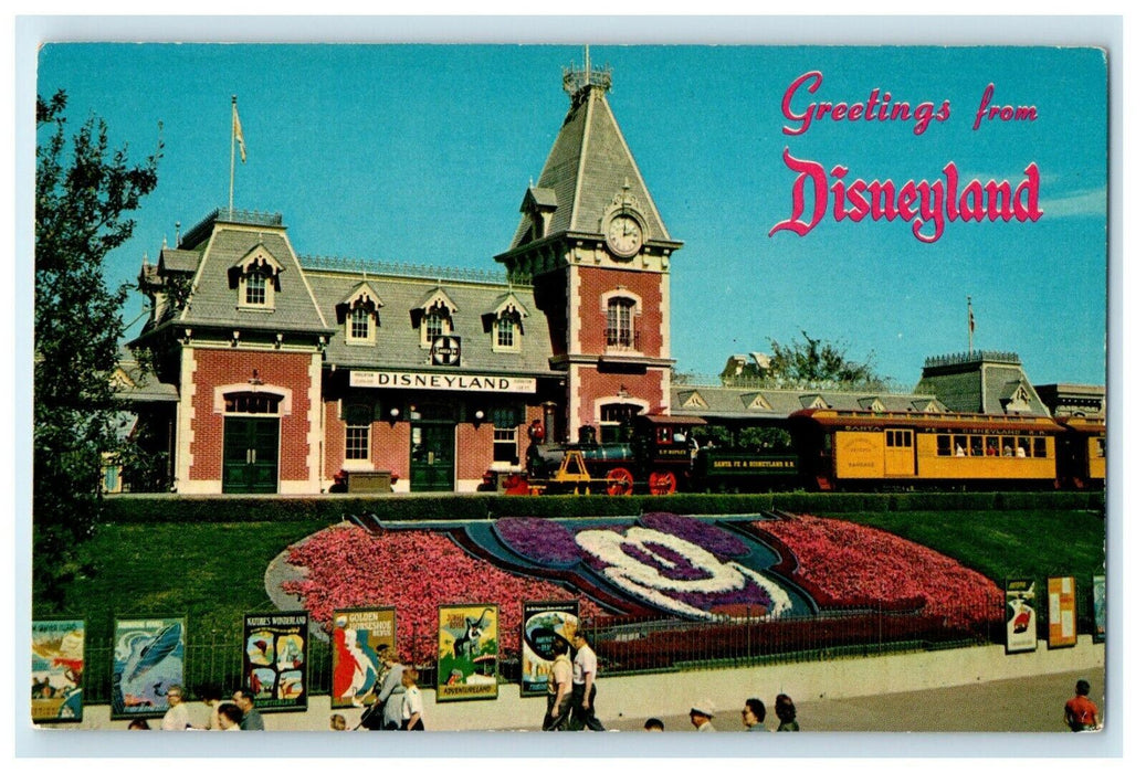 Greetings From Disneyland Floral Mickey Mouse Train Anaheim California Postcard