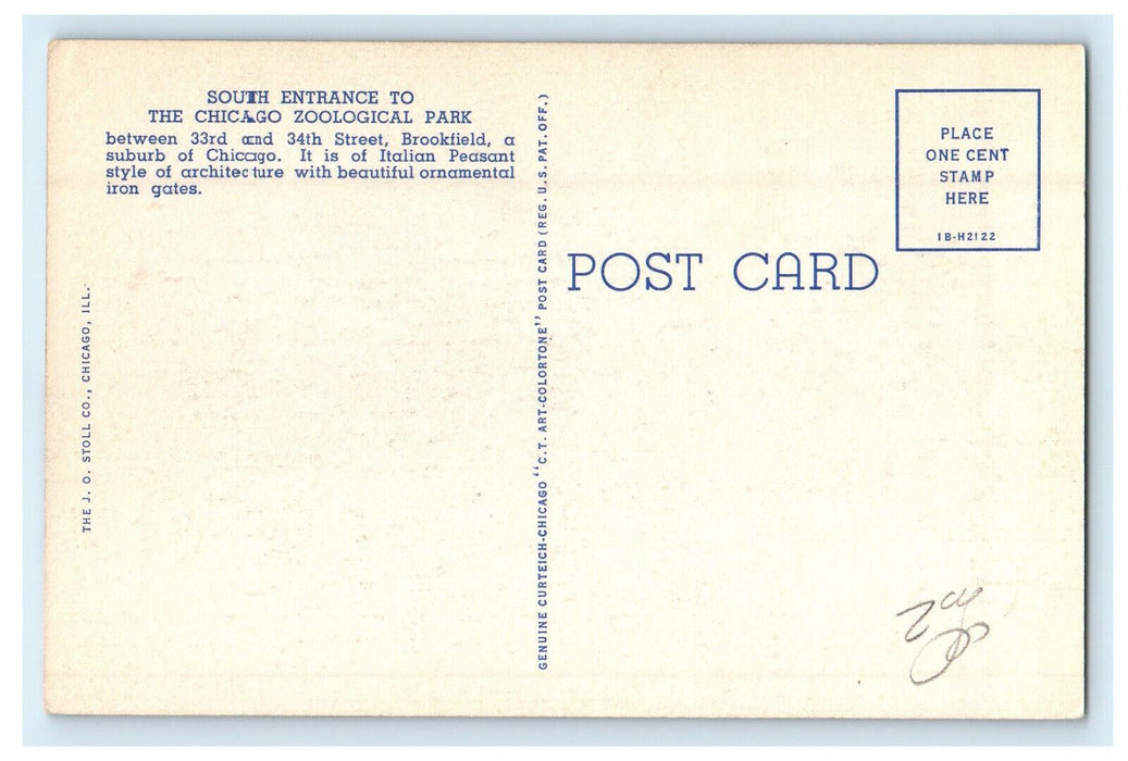 c1940s Entrance, The Chicago Zoological Park at Brookfield Illinois IL Postcard