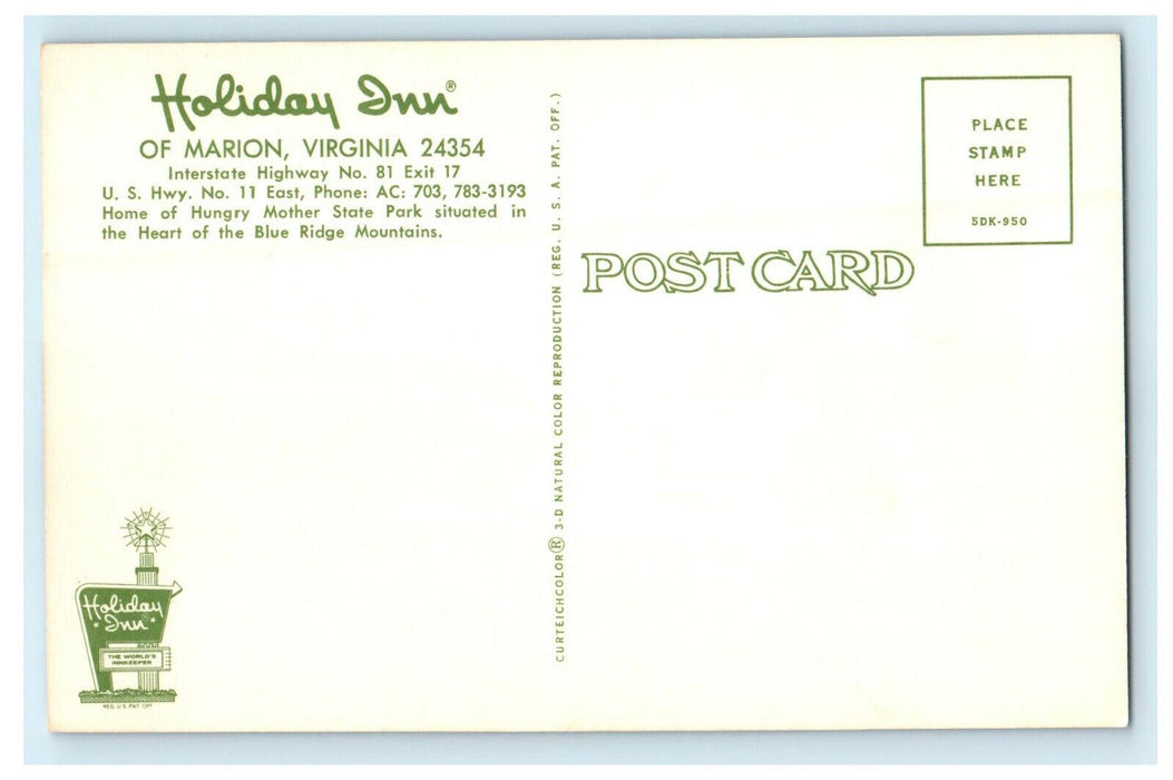 c1950s Holiday Inn Interstate Highway No. 81 Exit 17 Marion Virginia VA Postcard