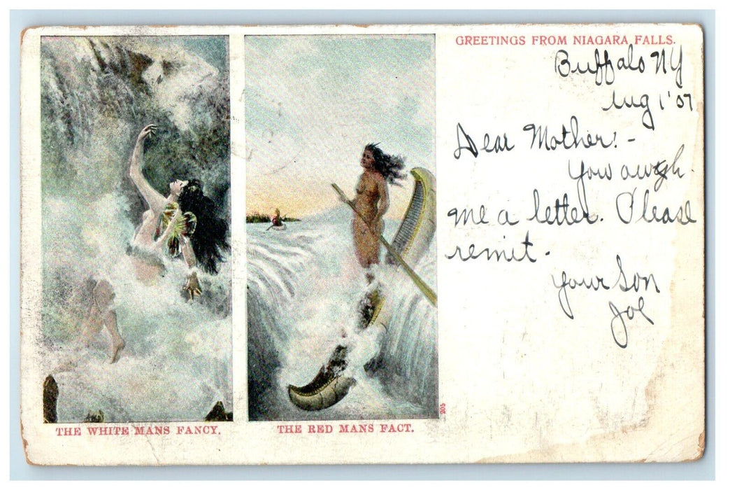 Greetings From Niagara Falls Buffalo NY, White Mans Fancy Red Mans Fact Postcard
