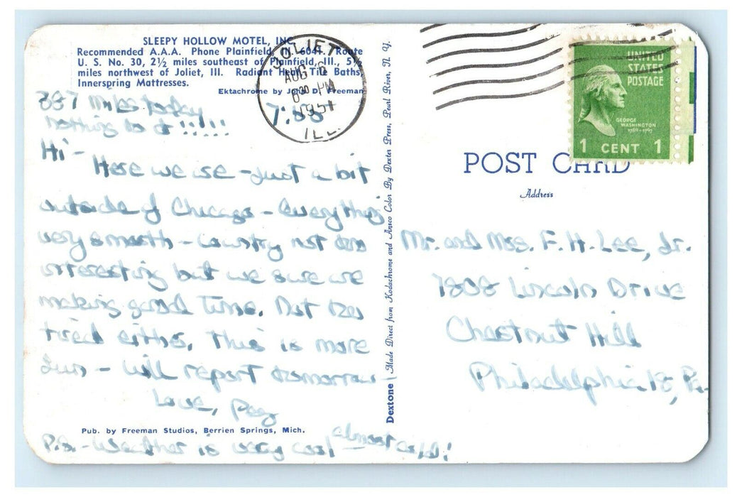 1951 Sleepy Hollow Hotel Inc. Plainfield Illinois IL Posted Vintage Postcard