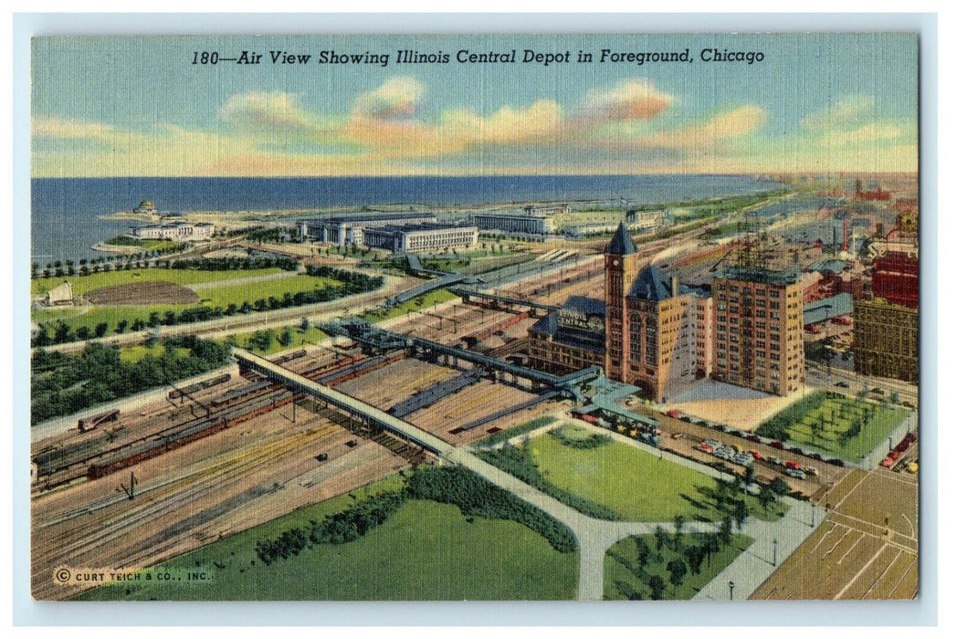 c1940s Air View Showing Illinois Central Depot in Foreground Chicago IL Postcard