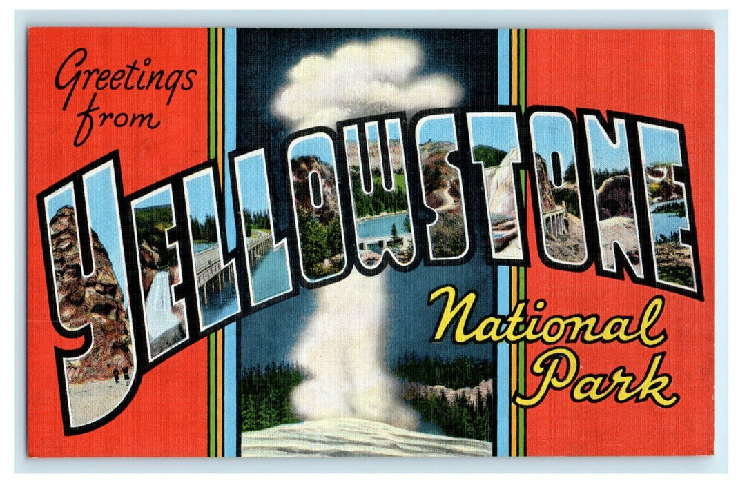 c1940's Greetings From Yellowstone National Park Large Letter Linen Postcard