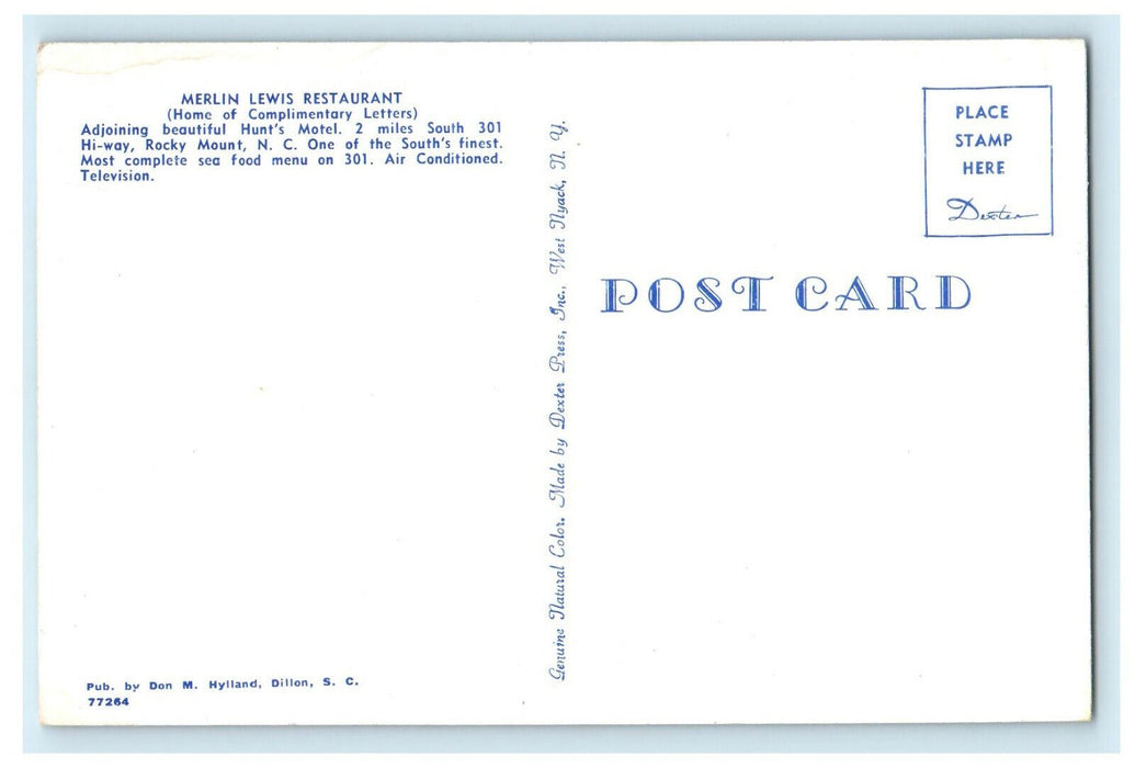 c1970s Merlin Lewis Restaurants 301 Hi-way Rocky Mount NC Unposted Postcard