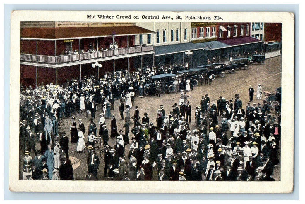 1917 Mid Winter Crowd Central Ave St. Petersburgh Florida FL Antique Postcard