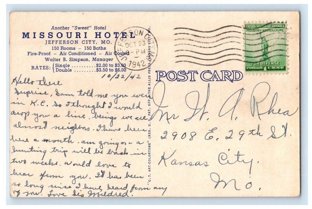 1942 Missouri Hotel Building Jefferson City Missouri MO Posted Vintage Postcard