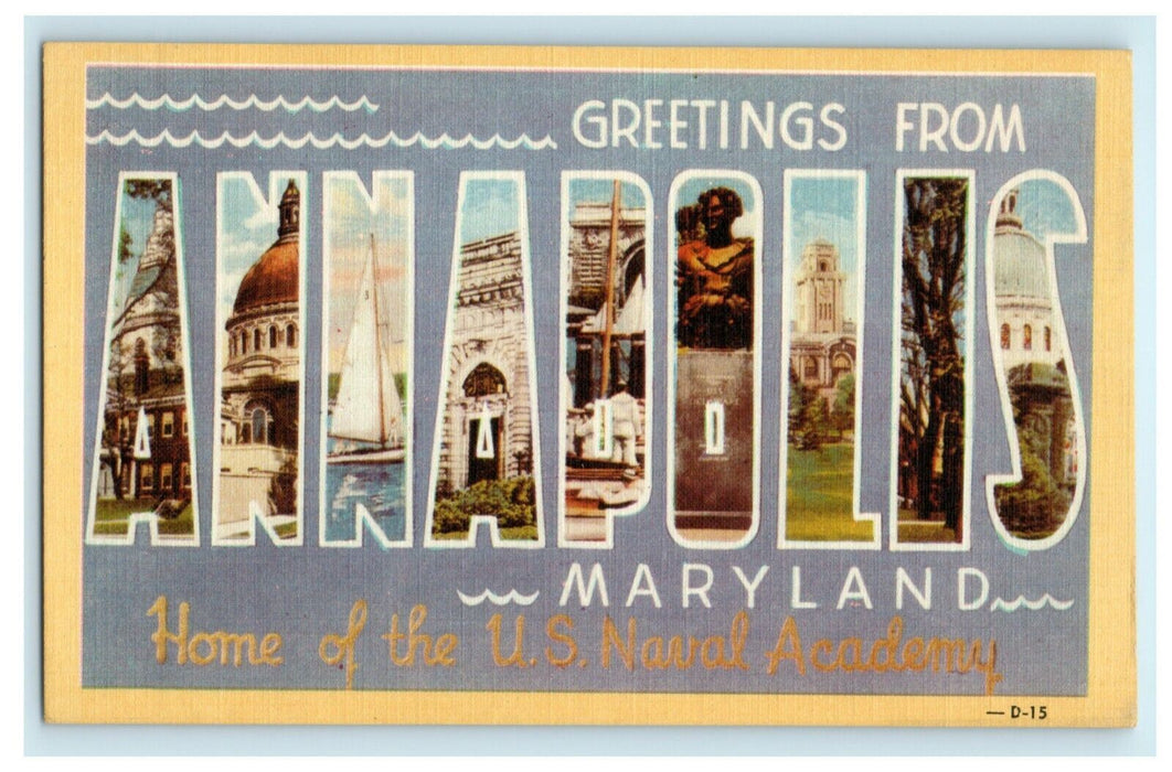 1940 Greetings From Annapolis Maryland MD Large Letter US Naval Academy Postcard
