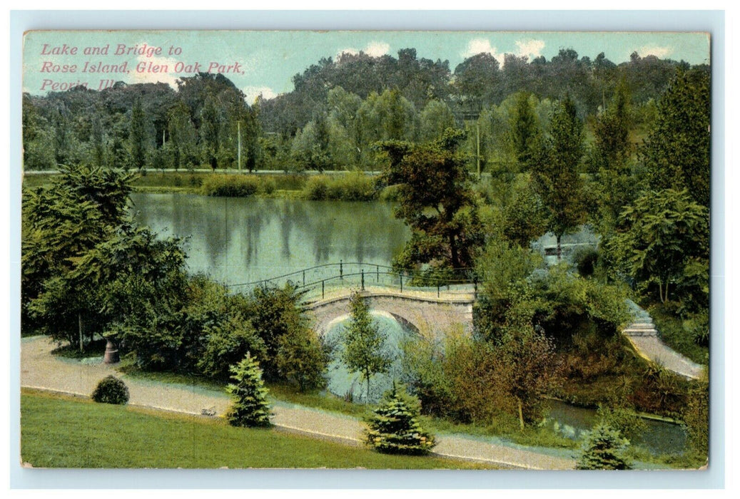 1917 Lake and Bridge Rose Island Glen Oak Park Peoria Illinois IL Postcard
