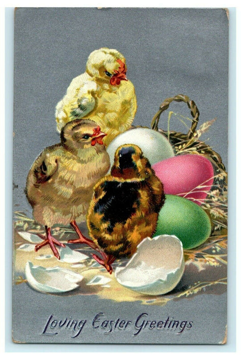 Easter Greeting Chicks Baby Eggs Embossed 1910 Bryan Ohio Antique Postcard