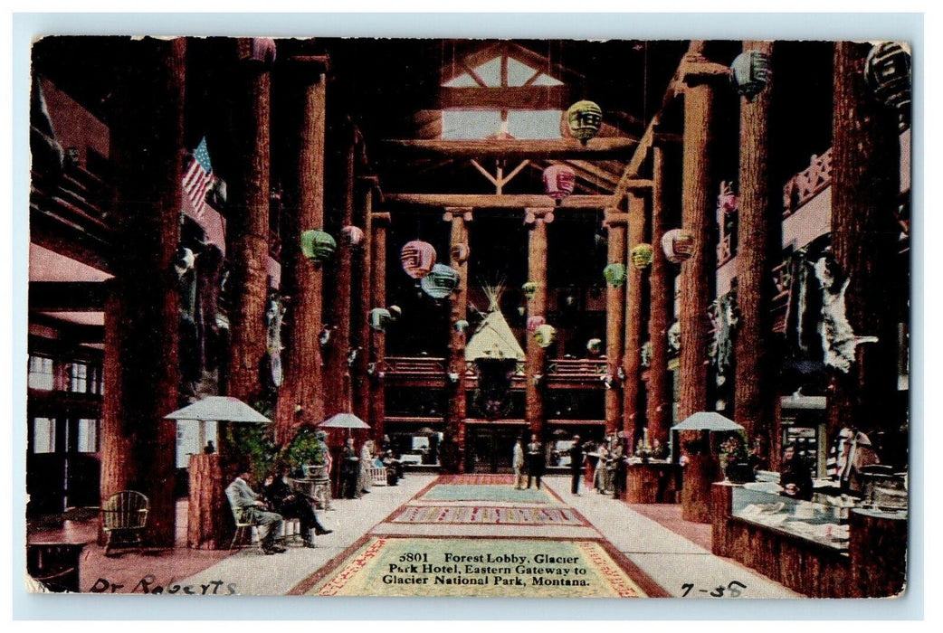 1938 Forest Lobby Glacier Park Hotel Eastern Gateway Montana MT Vintage Postcard