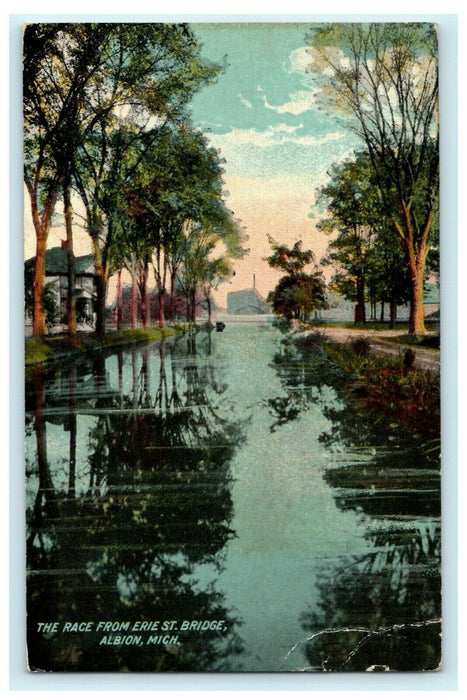 Race From Erie Street Bridge Albion Michigan 1912 Wauseon Ohio Antique Postcard