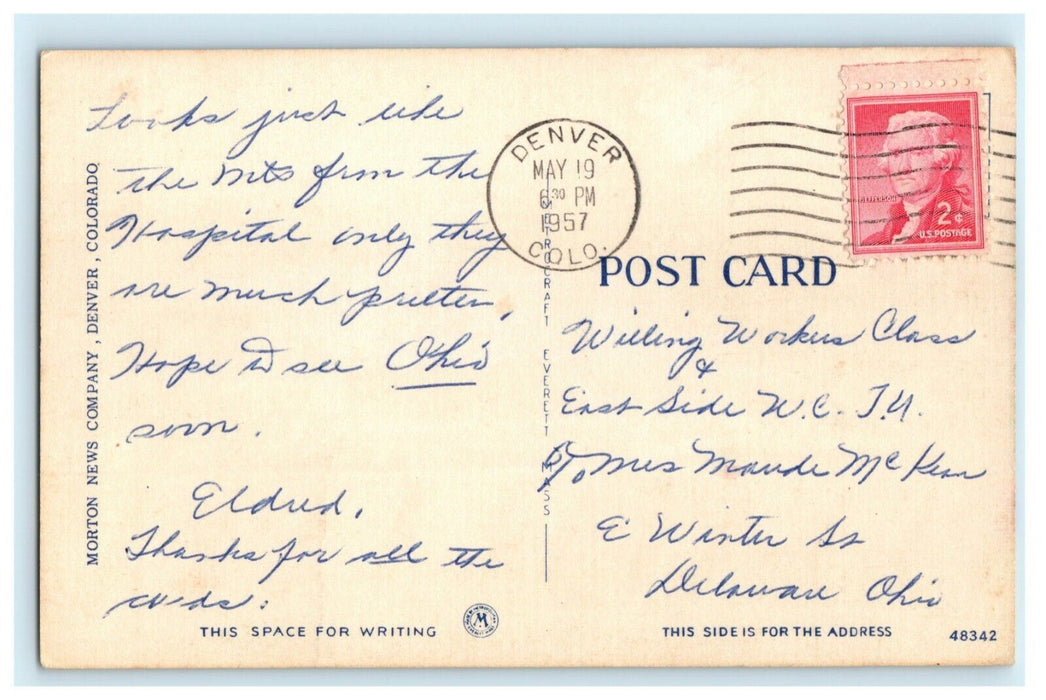 1957 Greetings From Denver Colorado CO Mile High City Block Letter Postcard