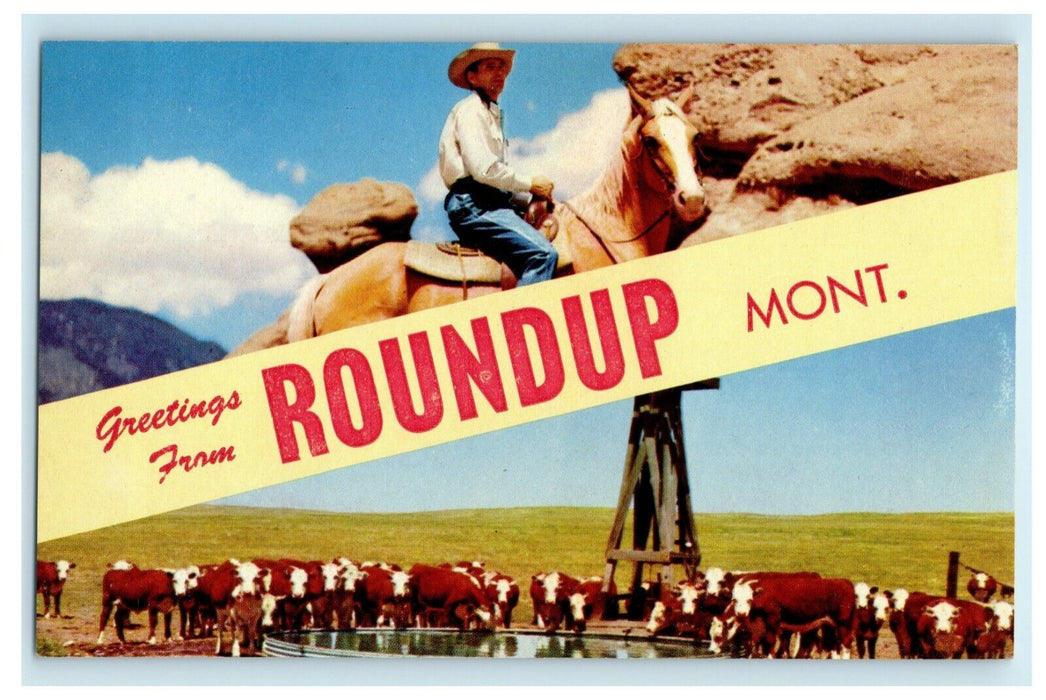 c1940's Greetings From Roundup Montana MT Large Letter Cattle Cowboy Postcard