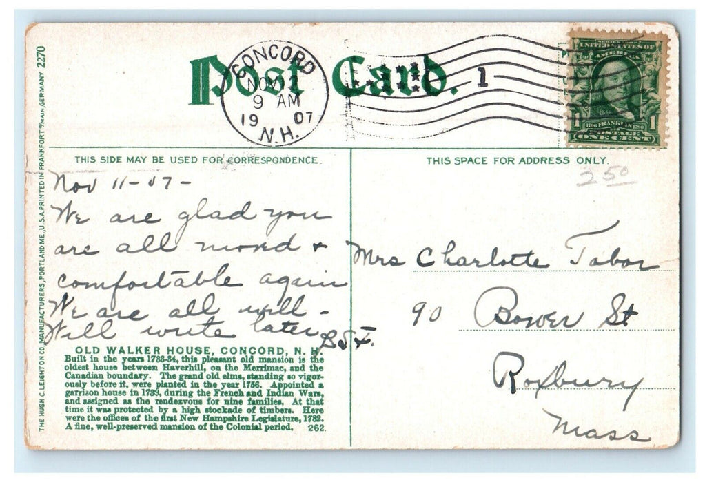 1907 Concord New Hampshire NH, Old Walker House Street View Antique Postcard