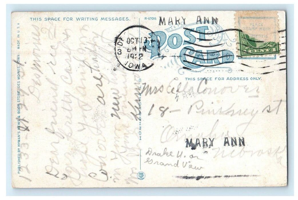 1922 Campus View Highland Park College Des Moines Iowa IA Vintage Postcard