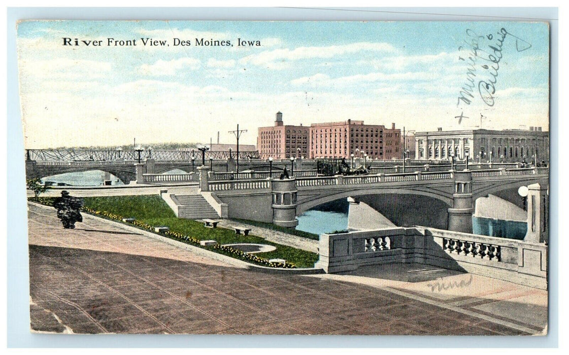 1916 River Front View Bridge Scene Des Moines Iowa IA Antique Postcard