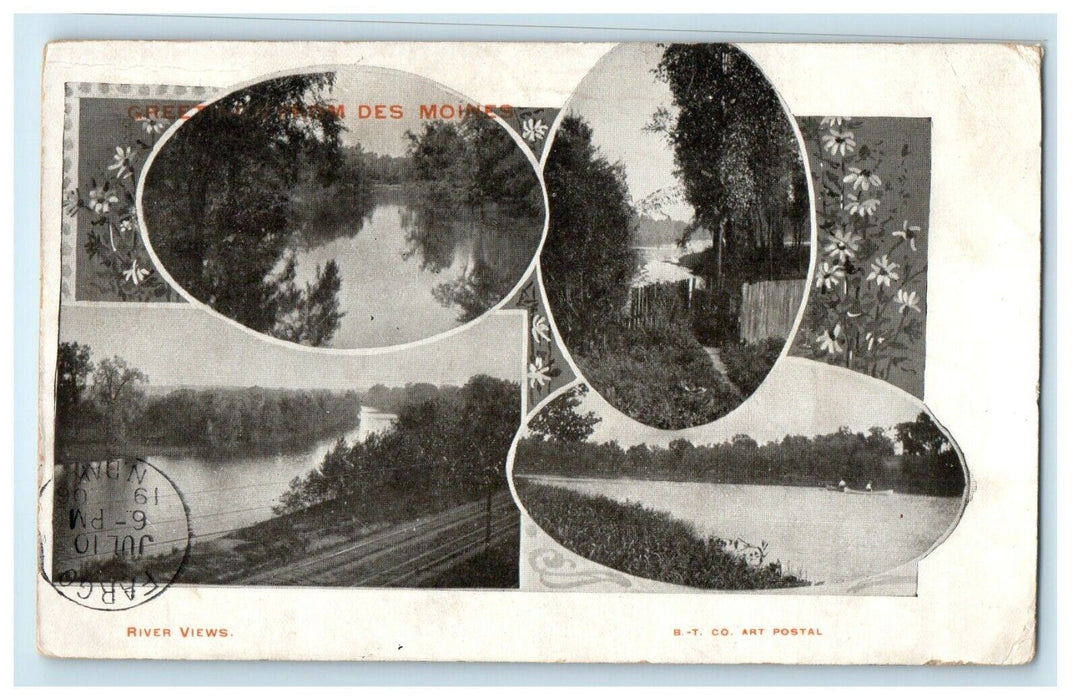 1906 Greetings From Des Moines Iowa IA, Rivers Multiview Antique Postcard