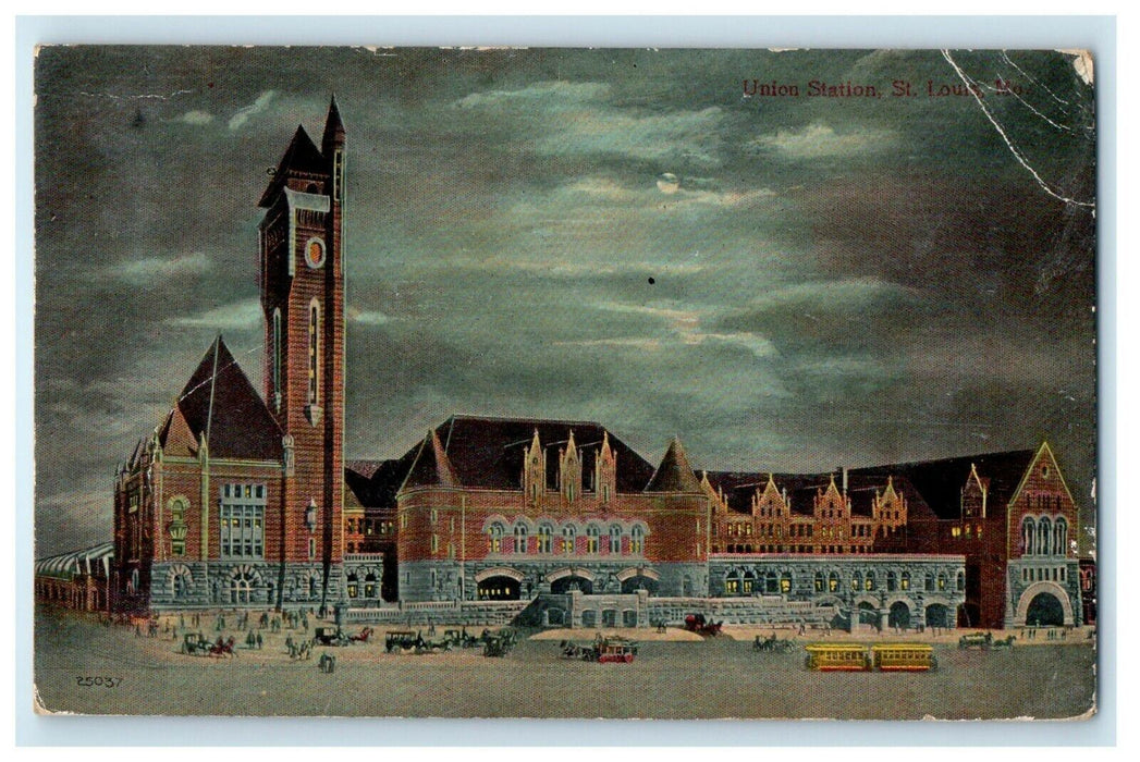 1913 View Of Union Station Trolley Cars St. Louis Missouri MO Antique Postcard