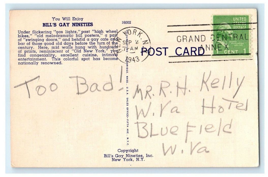 1943 Horse Carriage and Car, You Will Enjoy Bill's Gay Nineties NY Postcard