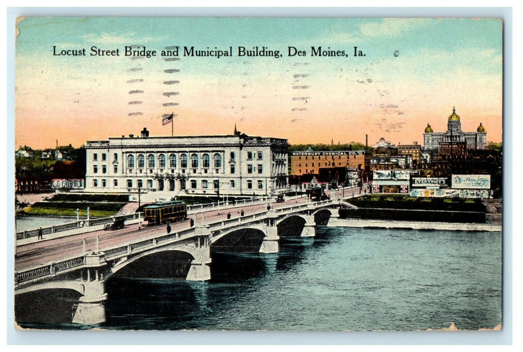 1915 Locust Street Bridge And Municipal Building Des Moines Iowa IA Postcard