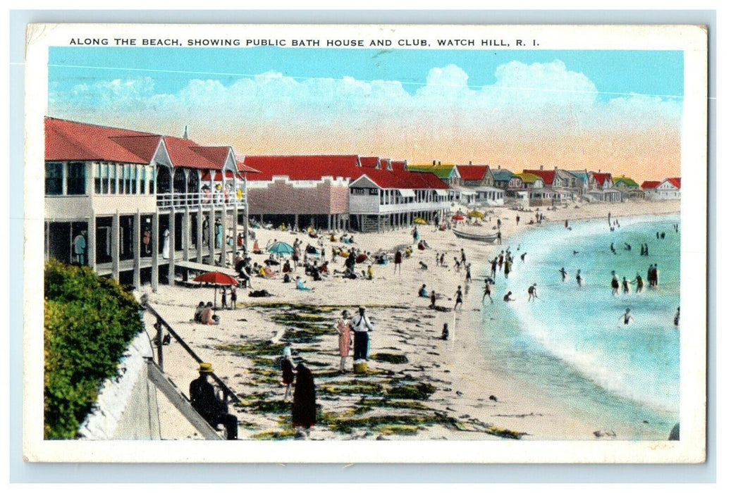 1930 Along Beach Showing Public Bath House Club Watch Hill Rhode Island Postcard