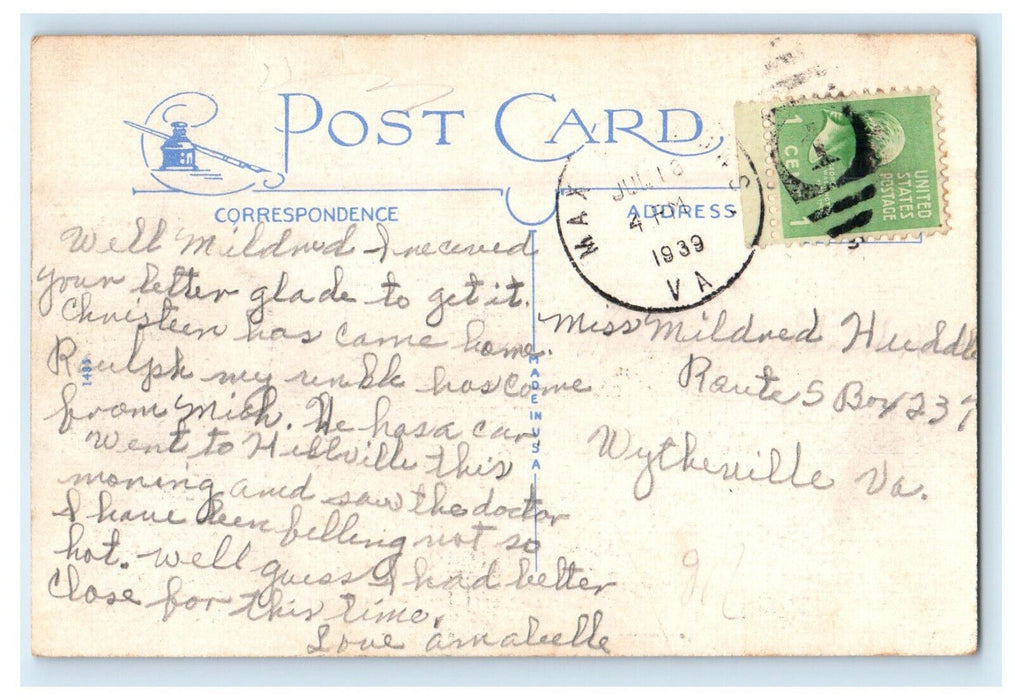 1939 Trailer on the Beach, Greetings from Hillsville VA Max Meadows VA Postcard