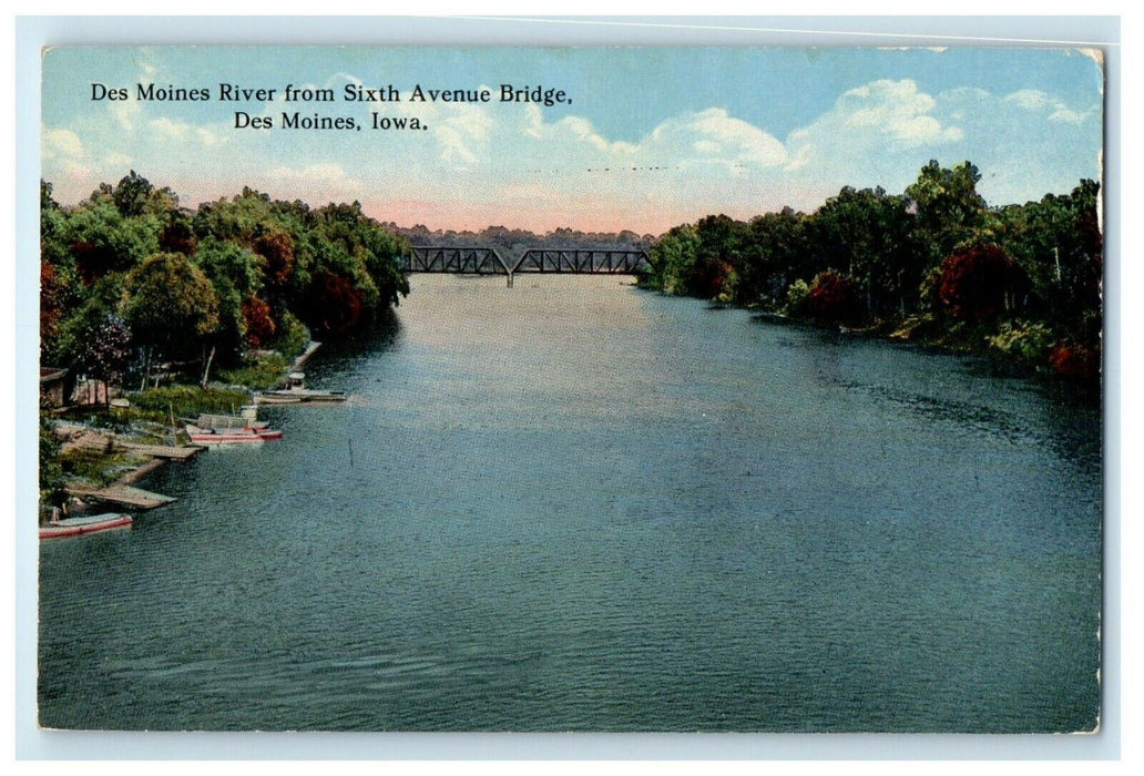 c1920's Des Moines River From Sixth Avenue Bridge Des Moines Iowa IA Postcard