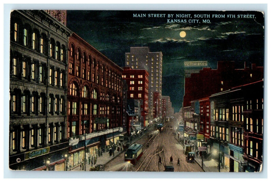 c1910's Main Street By Night South From 9th Street Moon Kansas City MO Postcard
