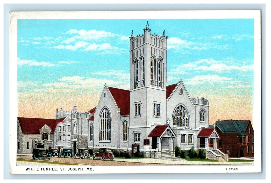 c1930's White Temple Building Cars St. Joseph Missouri MO Vintage Postcard