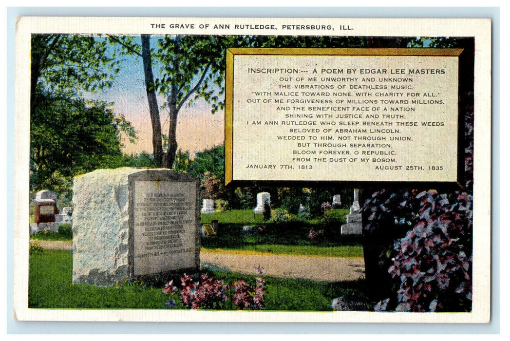 c1940s The Grave of Ann Rutledge Petersburg Illinois IL Unposted Postcard