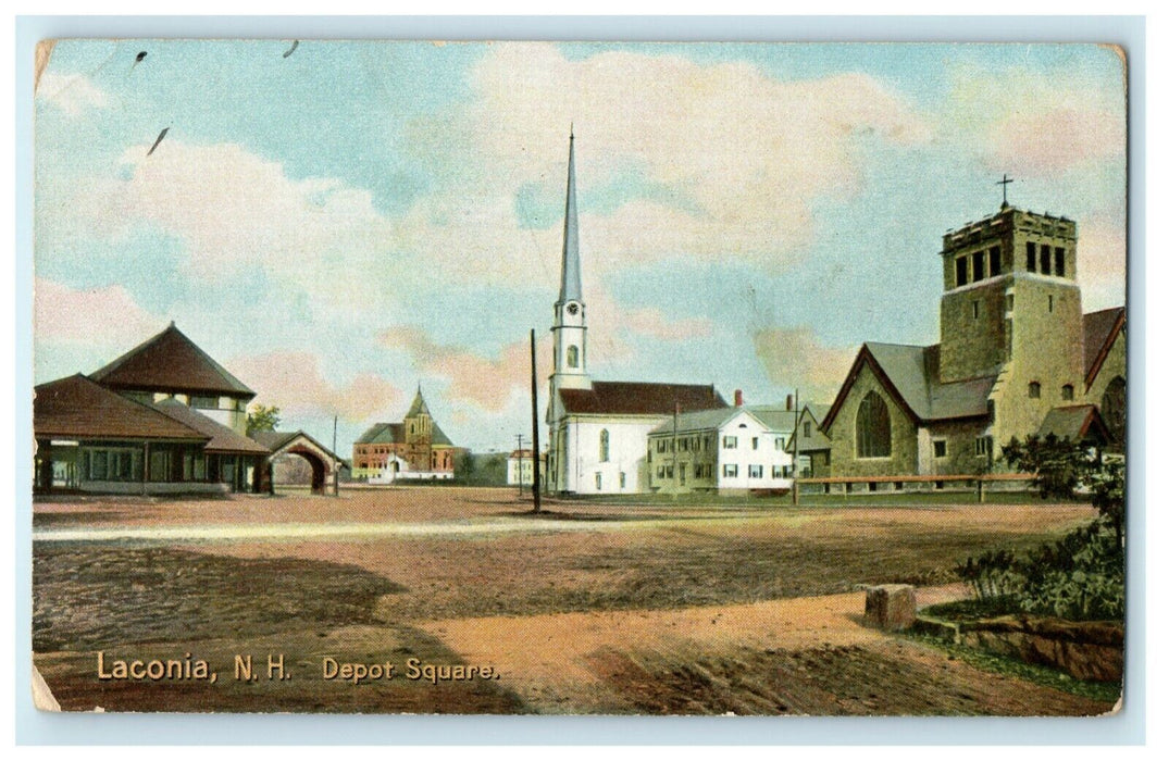 c1910 Laconia New Hampshire NH Depot Square Train Station Postcard